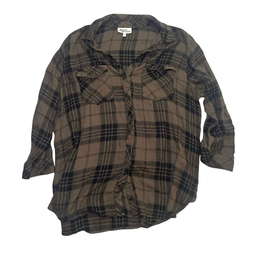 Hester & Orchard 90s Americana Grunge Plaid Button Up Shirt Sage Black Women’s M